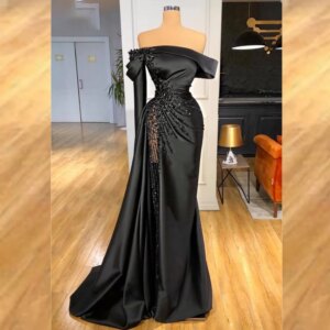 Customized Evening Satin Sequined Beading Ruched Party A-line Off-the-shoulder Bespoke Occasion Gown Long Dresses