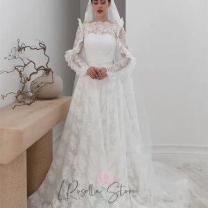Simple Scoop Neckline A-line Wedding Dresses Floor Length 2025 Customized Lace Applique Long Sleeves Sweep Train Bridal Dresses