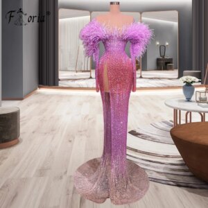 2024 Exquisite Off the Shoulder Evening Dress Sparkly Crystal Backless Beading Feather Celebrity Party Gown Pageant Vestidos