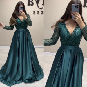 2025 Sparkly Dark Green Women Evening Dresses V-Neck Long Sleeves Sequined Satin Prom Celebrity Gowns Arabic Vestidos De Longo