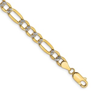 14K 8 inch 5.25mm SemiSolid with Rhodium Pav Figaro with Lobster Clasp Bracelet