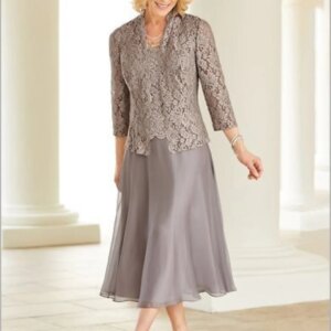 Beauty Gray Two Piece Evening Mother Of The Bride Dresses A Line Chiffon Mother Dresses For Weddings With Lace Coat