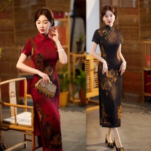 Suzhou  Hangzhou Improved Ethnic Style Middle-Aged Elderly Women Long Cheongsam Qi Pao    Imitation Acetate Wide-Brimmed Skirt