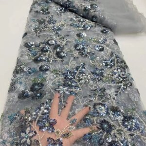 Newest French Mesh Lace Fabric 2025 Fabric Embroidery Sequins Tulle Beaded African Fabric for Women Party Dresses 5 Yards Sewing