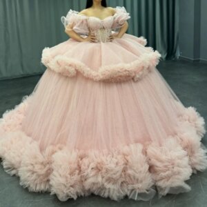 Pink Princess Quinceanera Dresses Off Shoulder Applique Beading Tiered Tull Sweet 16 Dress Ball Gown Vestidos 15 Anos