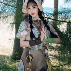 New Chinese Style National Style Han Elements Summer Calico Cat Half Sleeve Shirt Overall Hat Carnival Halloween Cos Cosplay
