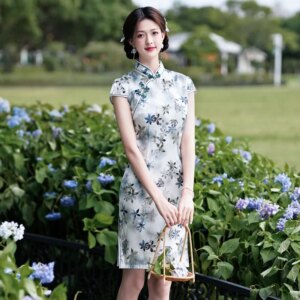 Summer New High Quality Real Silk Printing Improved National Style Cheongsam Qipao Women’s Dress