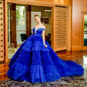 Royal Blue Puffy Ball Gown Prom Dresses Sexy Off Shoulder 3D Flower Lace Appliques Prom Dress Vestidos De Robe