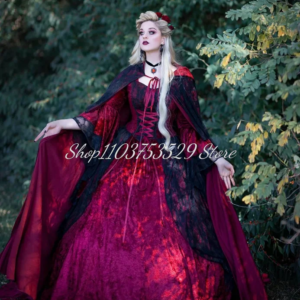 Burgundy Gothic Vintage Prom Gowns Romantic Rococo Lace Applique Pom Pom Velvet Tie Tulle Ruffled Masquerade Gowns