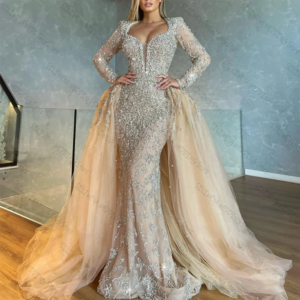 Luxury Square Neck Long Sleeves Mermaid Prom Dress Fashion Party Floor Length Lady High-end Formal Evening Gowns