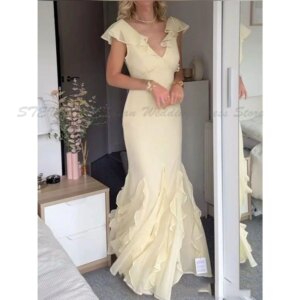 Yellow Evening Dresses Women Sleeveless V Neck Simple Fashion Celebrity Wrinkle High Quality Female Party Girls Clothings