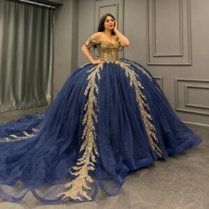 Navy Blue Quinceanera Dresses Off Shoulder Ball Gown Sweet 16 Dress Gold Applique Lace Beading Tull Birthday Party Vestidos 15