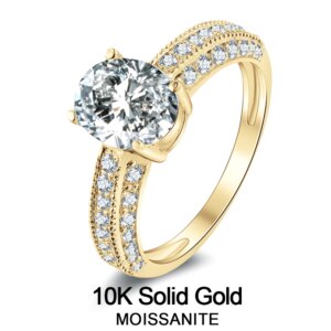 Lnngy 2.0 Carat Oval Cut Moissanite Engagement Ring With Certificate 10K Solid Yellow Gold Ring for Wedding Valentine’s Day Gift