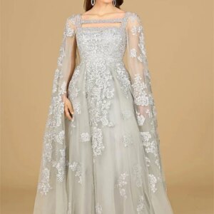 Customized Charming Square Neck Sheer Cape Sleeve A-Line Mom Dress Silhouette Evening Gown with Lace Embroidery On The Skirt
