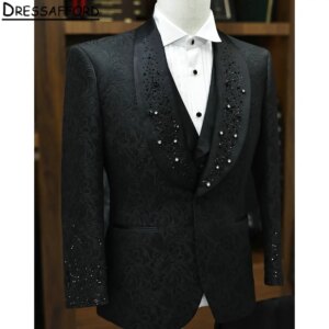 Black Jacquard Groom Wear Beading Diamonds Formal Men Suits 2 Piece Jacket And Pants Sets Smart Casual Business Blazer