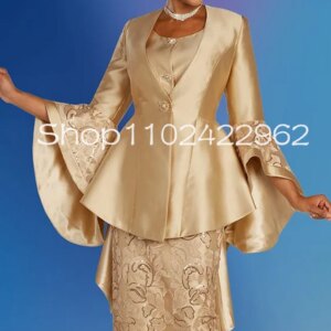 Luxury Church Suits Gold Tea-length Mother of the Bride Dresses with Fairy Long Sleeve Lace Stain Wedding Guest Party Gown