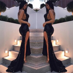 Black Sequin Evening Dresses Sexy Backless High Split Mermaid Robe De Soiree Prom Gown Formal Wedding Party Vestido Custom Made