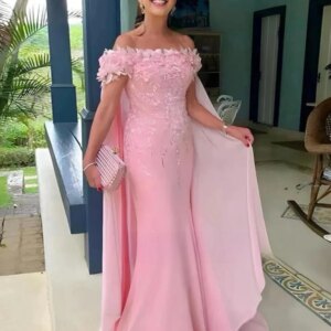 Graceful Off The Shoulder Mother Of The Bride Dress Classic Appliques Prom Dresses Customized Pink Chiffon Long Evening Gown
