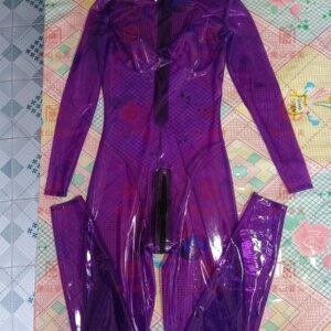 Transparent purple latex catsuit high neck back zip 0.4mm