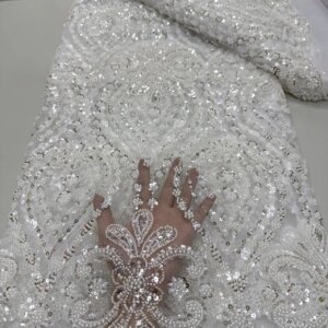 2025 New African French Nigerian High End Lace Fabric With Beads Sequins Mesh for Embroidery Wedding Party Bride Sewing Dress