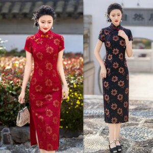 Old Shanghai Retro Chinese Style Cheongsam for Middle-Aged and Elderly Women Qi Pao Summer New Synthetic Lace