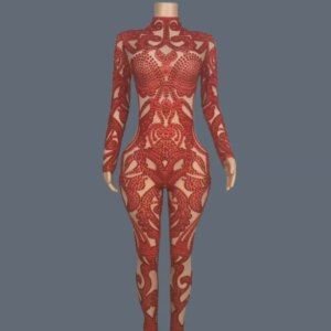 Spandex Elastic Sexy Red Pearls Jumpsuit Women Fashion Tight Fitting Jumpsuit Night Club Party Performance Outfit Gaoduanzhenzhu