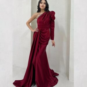 Customized Evening Satin Beading Draped Pleat Birthday A-line One-shoulder Bespoke Occasion Gown Long Dresses