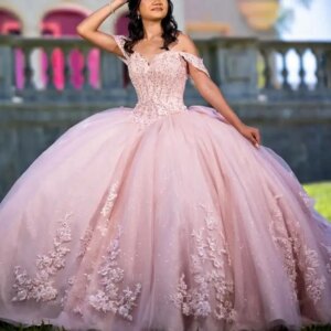 Customized Shiny Light Pink V-neck Tull Off Shoulder Quinceanera Dress Bow Applique Outer layer gauze vestidos de 15 Quinceanera