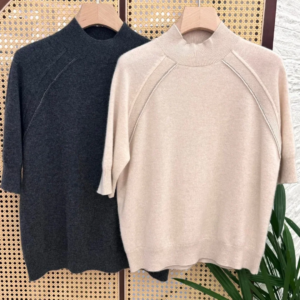 Bead Chain Women’s 100% Cashmere Sweater Half-high Collar Short Sleeve Casual Fashion Knitted Pullover