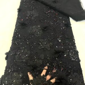 Black Beaded Lace Fabric 2024 African Tulle Lace Fabric French Lace Fabrics Nigerian Lace Fabric For Wedding Party 5 Yards
