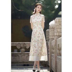 Lace Long Cheongsam Qi Pao Skirt Spring and Summer New Retro Chinese Style Young Lady Daily