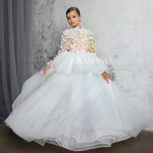 White Long Sleeve Flower Girl Dresses For Wedding Customized Appliqued Litter Princess Baby Birthday Gowns First Communion Dress