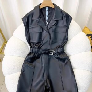Women Sheepskin Genuine Leather Jumpsuit Shorts Sleeveless Turndown Collar Casual Playsuits Streetwear High Waist Cargo Rompers