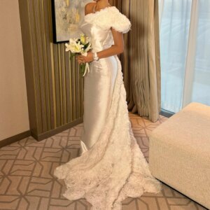 Customized Elegant Flowers One Shoulder Satin Evening Dress Fashion Strapless Short Sleeves Floor Length Bespoke Occas