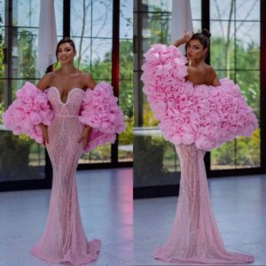 Sweety Pink Mermaid Evening Dress Sweetheart Neck Sequins Beaded Prom Gown Sleeveless Handmade Flowers Formal Dresses Customized