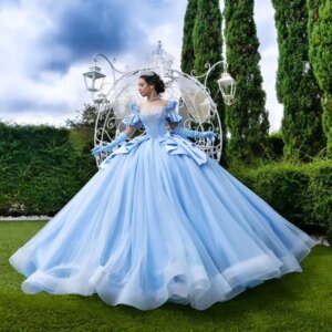 Customized sky blue Quinceanera Dress Off Shoulder Tull sequin applique crystal Lace Bow Long tail vestidos de 15 Quinceanera