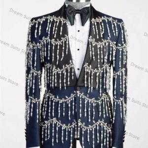 Luxury Crystals Men Suit Pants Set 2 Piece Blue Blazer+Trousers Customized Formal Office Jacket Groom Wedding Tuxedos Prom Coat