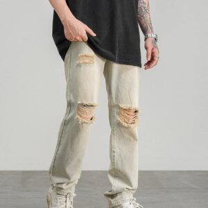 Washed Ripped Straight Jeans Men’s and Women’s All-Match Trousers
