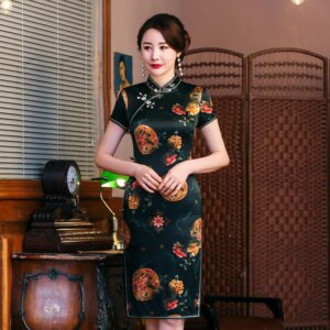 Spring and Summer New High Quality Real Silk Vintage Print Improved Cheongsam Qipao Women’s Dress