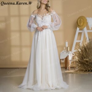 Elegant Boho A line Wedding Dress long sleeve lace applique bride dress robe de mariee A line Wedding Bridal Gown