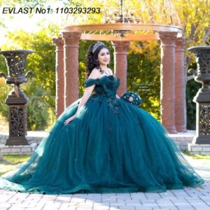 EVLAST Customized Princess Dark Green Ball Gown Quinceanera Dress Floral Applique Beading Sweet 16 Vestidos De 15 Anos E1Q770
