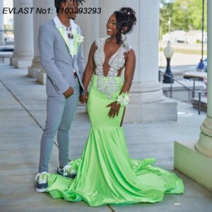 EVLAST Customized Sparkly Green Satin Mermaid Prom Dress Black Girl Silver Crystal Beaded Evening Birthday Party Gown TPD221