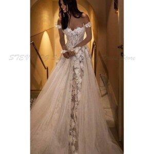 White Wedding Evening Dresses Women A Line Alliques Flowers Floor Length High Quality Yarn Banquet Party Prom Marry Female Gowns