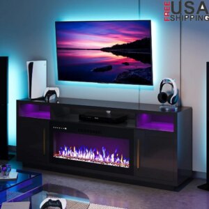 70 Inch Electric Fireplace TV Stand LED Light Entertainment Center Storage Cabinet TVs Up to 80 Inch with Modern Design