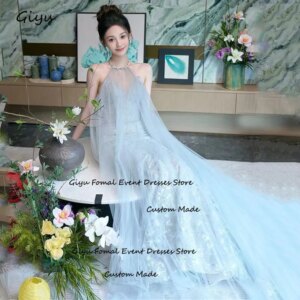 Giyu Fairy Blue Korea Wedding Dress Photoshoot Halter Beaded Lace Followers Tulle Floor-Length Evening Gown Dress