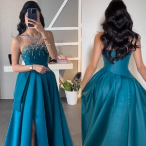 Customized Satin Beading Draped Gown Strapless Bespoke Occasion Long es Saudi Arabia Dresses