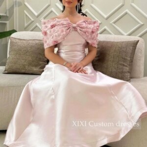 XIXI فساتين سهرة Pink Off-The-Shoulder Neckline Zipper Up Hand-Made Flowers Floor-Length Wedding Party Dress Vestidos De Festa