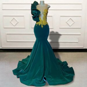 Green Beaded Velvet Mermaid Long Prom Dresses 2025 Black Girls Graduation Party Sheer Mesh Women Customized Formal Evening Gown