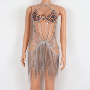 Euro-American Explosions Body Chain Sexy Crystal Dress Exaggerated One-piece Fringed Skirt body Chain Bra Underwear Set Catwalk