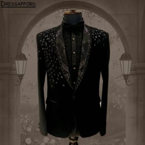 Black Groom Tuxedos Handmade Crystal Beading Groomsmen Men’s Wedding Prom Suits For Men 2 Pieces(Jacket+Pants)